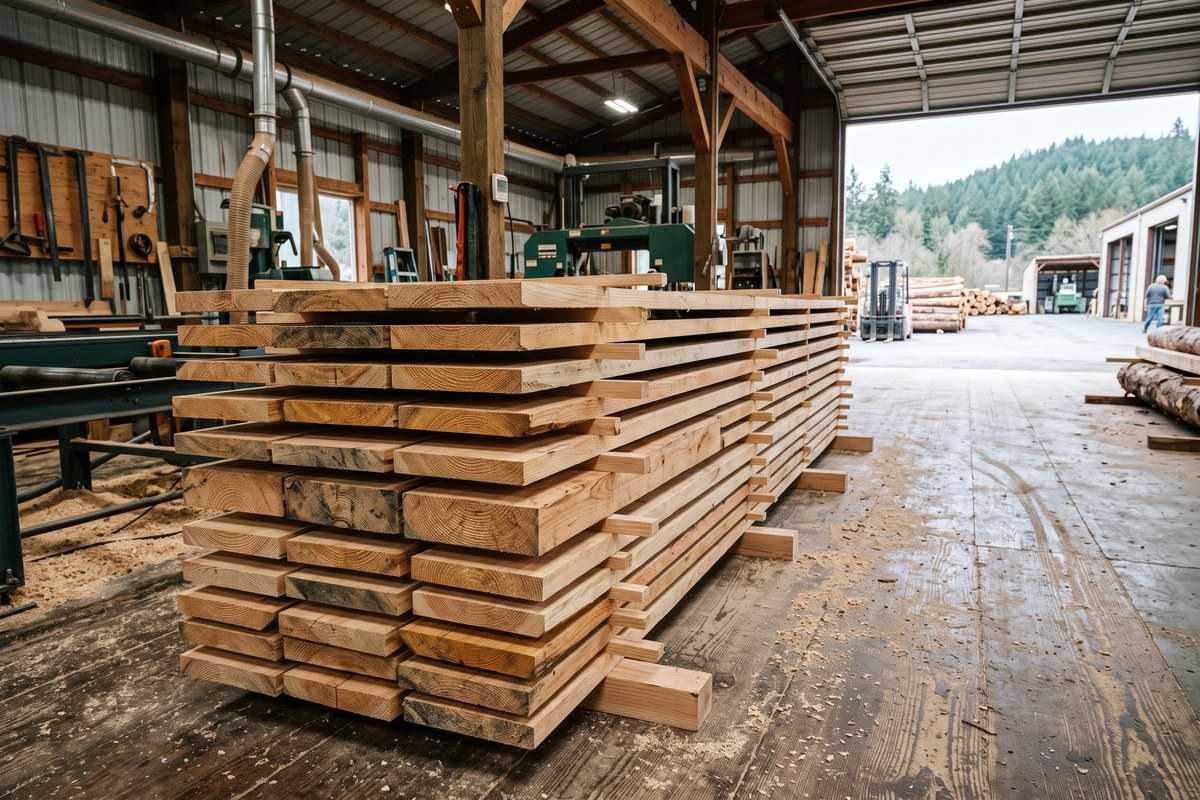Stacks of timber wood planks drying inside a busy sawmill workshop
