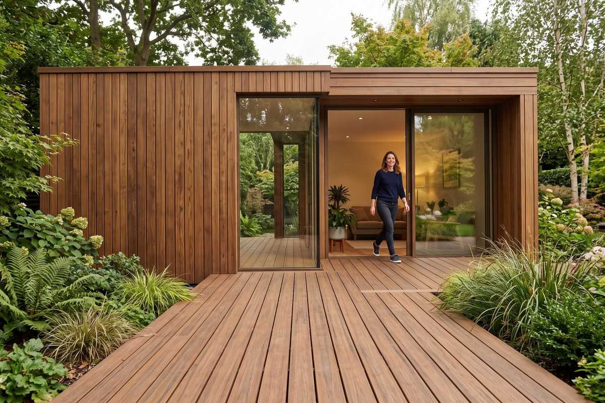 Modified wood-clad garden studio with matching deck, surrounded by lush landscaping