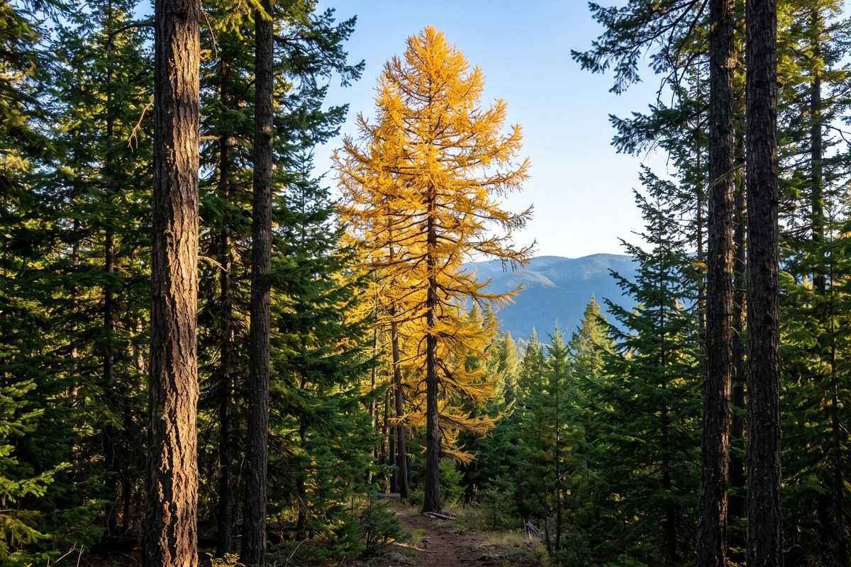 Engelmann spruce forest framing a golden larch tree with mountains in the distance
