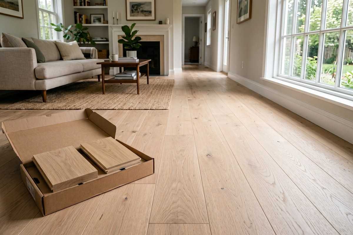 Light colored wood flooring in a bright living room with an open box of wood planks in the foreground