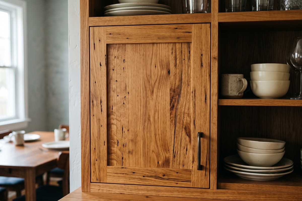 Hardwood trees inspire this rustic wooden kitchen cabinet with open shelves and ceramic tableware