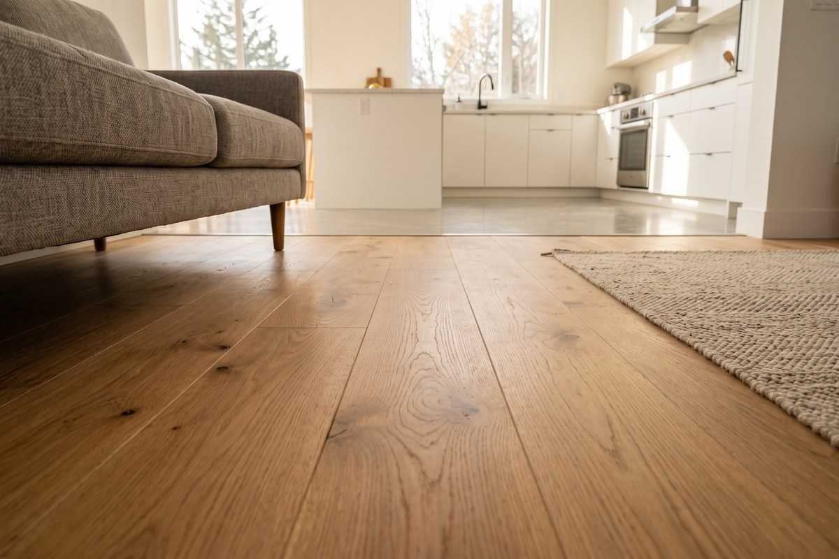 Engineered wood flooring in a bright open living room and white kitchen with a gray sofa and woven rug