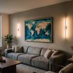 World map wall art above a gray sofa in a modern living room with warm sconces and a potted plant