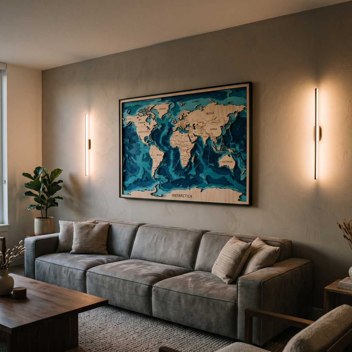 Ocean Depth Map Wall Art Living Room Glamorwood World map wall art above a gray sofa in a modern living room with warm sconces and a potted plant