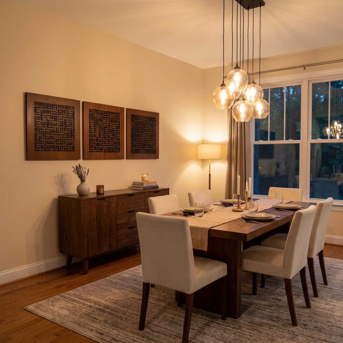 Three Quls Kufic Wall Art Dining Room Glamorwood Islamic wall art panels above a sideboard in a warm modern dining room with pendant lights