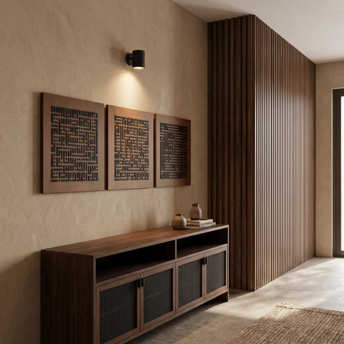Three Quls Kufic Wall Art Hallway Glamorwood Islamic wall art triptych above a wood console in a modern hallway with slatted walnut paneling