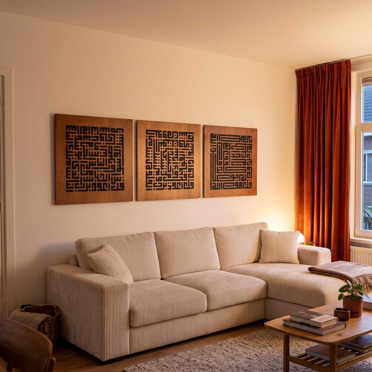 Three Quls Kufic Wall Art Living Room Glamorwood Islamic wall art triptych above a beige sectional sofa in a warm, modern living room