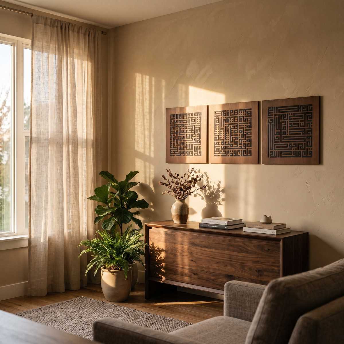 Three Quls Kufic Wall Art Living Room Glamorwood Islamic wall art with geometric Arabic calligraphy above a wooden sideboard in a sunlit living room