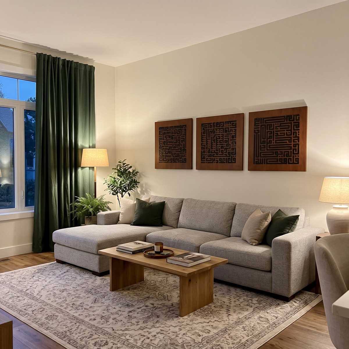 Three Quls Kufic Wall Art Living Room Glamorwood Islamic wall art panels above a gray sofa in a warm modern living room