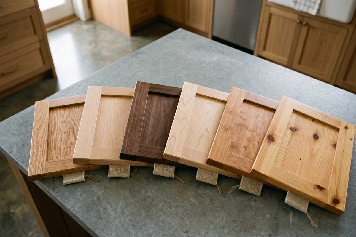 Types of wood cabinets shown as six handcrafted cabinet door samples on a kitchen countertop